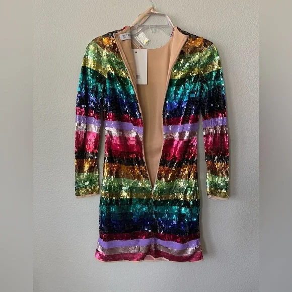 Mac Duggal 93724 Rainbow Sequin Multicolor Striped Long Sleeve Dress Size 2 NWT - Picture 4 of 16